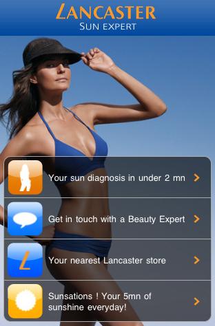 Menu da aplicação de iPhone da Lancaster para o/a ajudar a escolher o seu protector solar